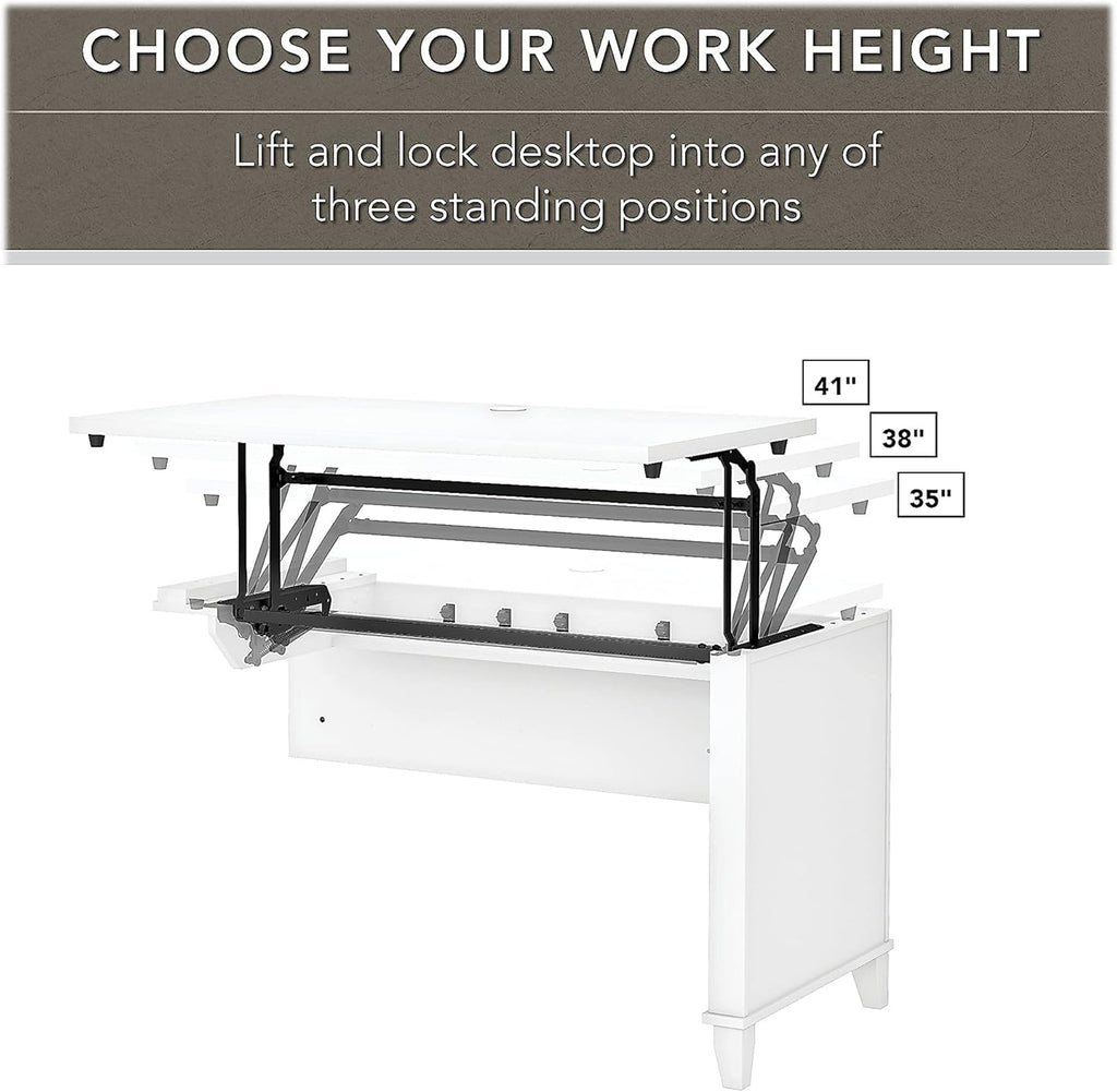 White 3 Position Sit to Stand L Shaped Desk with Hutch and File Cabinet L570450