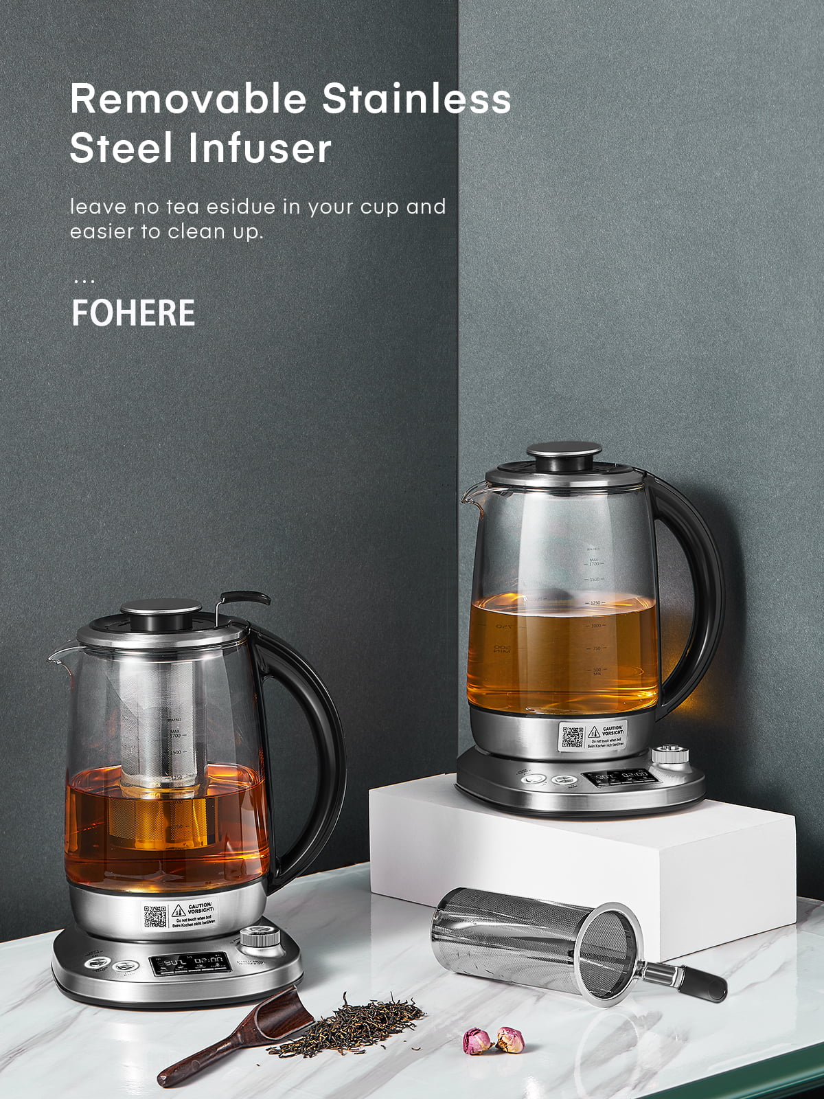 Silver Stainless Steel Glass Electric Kettle with Temperature Control, 1.7L G31752