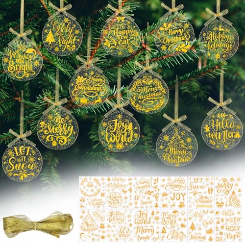 Acrylic Christmas Tree Ornaments DIY Craft Kits Hanging Xmas Ball Decorations with Stickers Ribbons (Red) K471639
