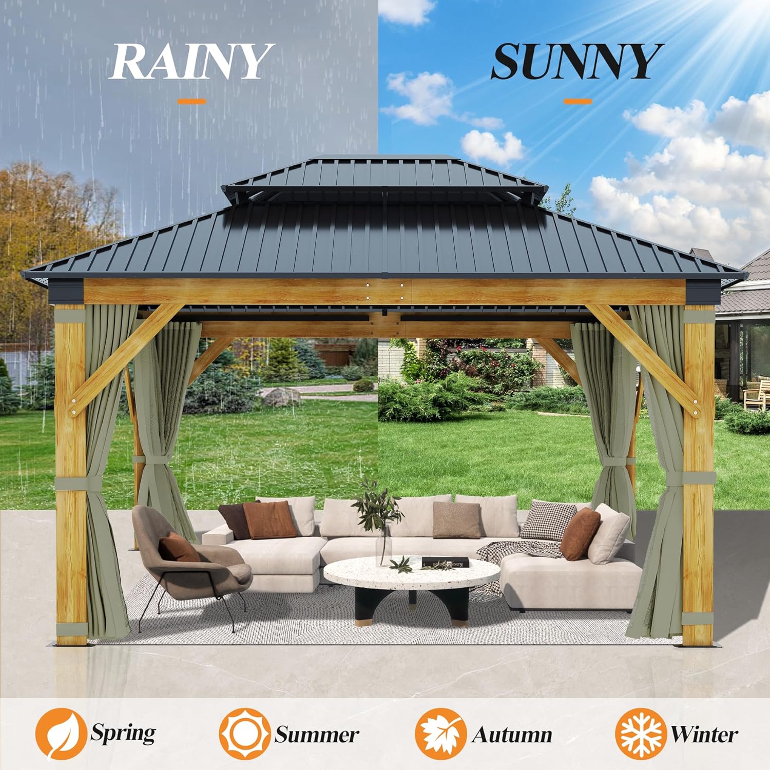 Olive Green Galvanized Steel Roof Wooden Gazebo B9588