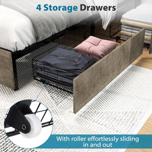 Gray Queen Size Bed Frame with 4 Storage Drawers and LED Headboard L766253