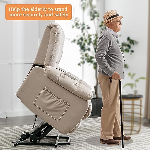 Beige Velvet Electric Lift Recliner Chair with Heat and Vibration O512994