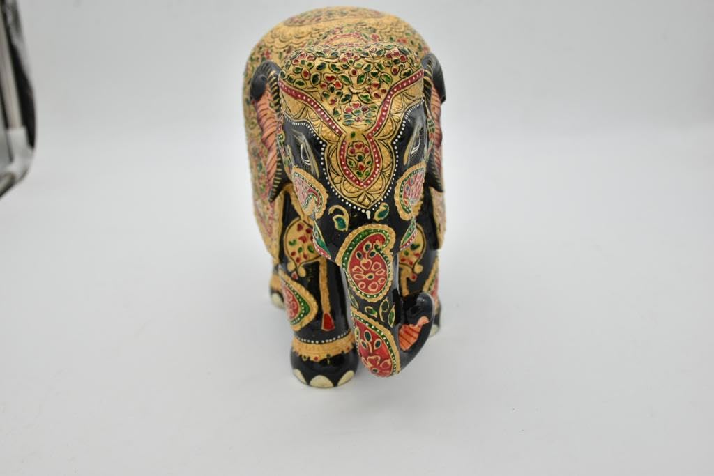 8 Inch Handmade Wooden Elephant Statue with Gold Foil O259240