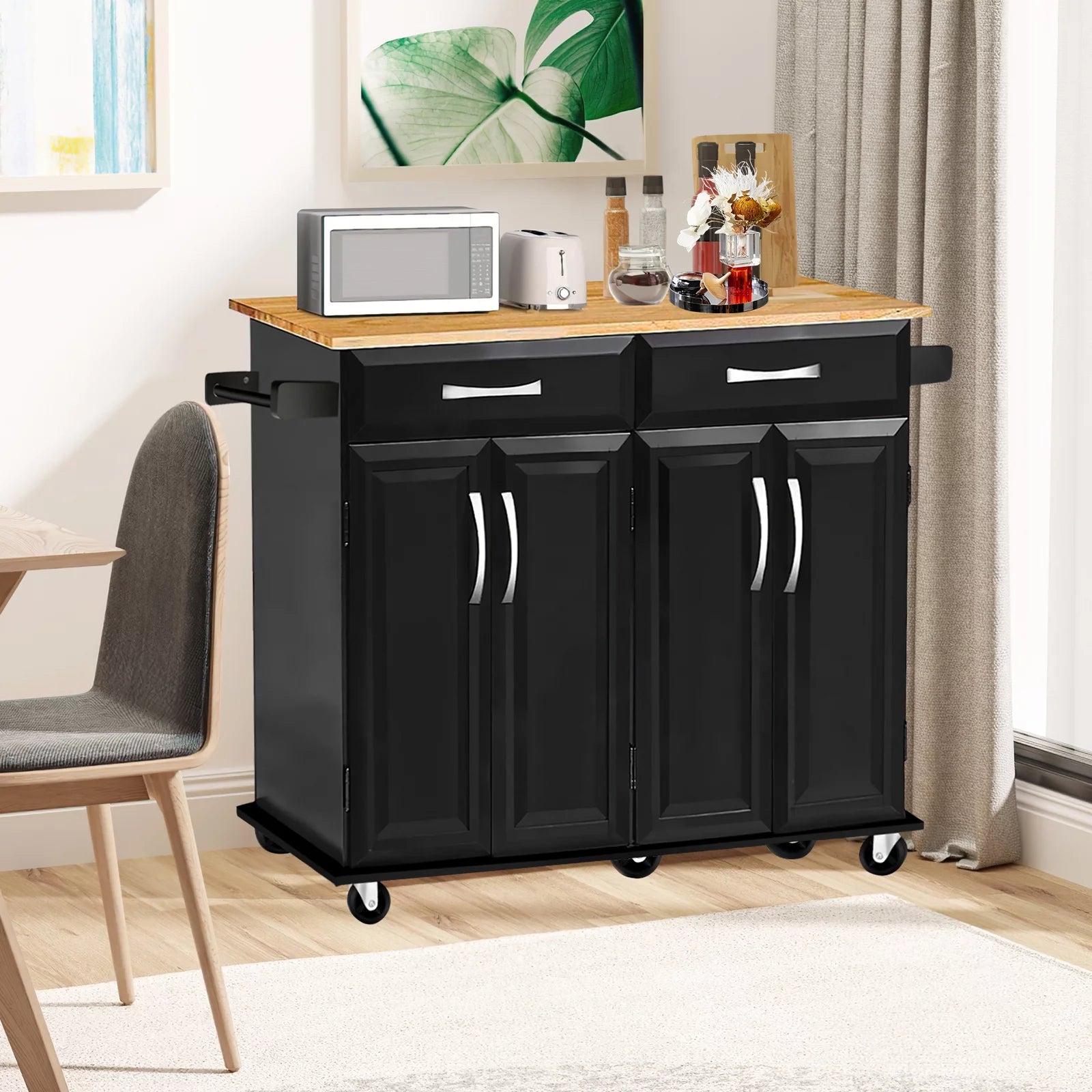 Black Rubber Wood Top Kitchen Island with Drawers and Storage Cabinet S11325