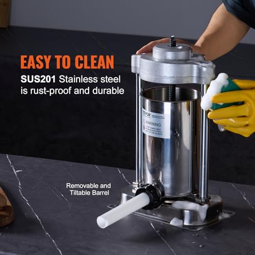 7 L / 15 LBS Vertical Manual Sausage Stuffer, 304 Stainless Steel, 5 Stuffing Tubes C75526