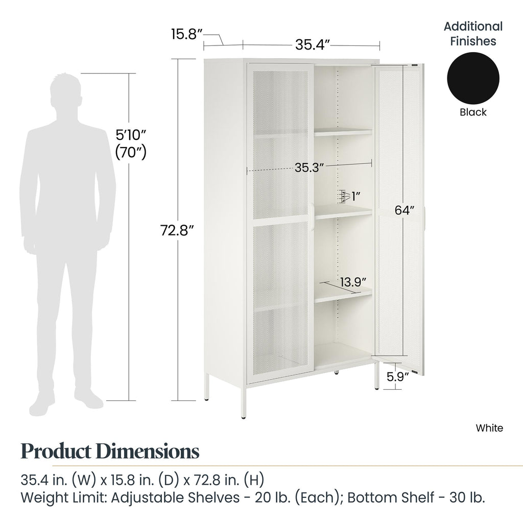 2 Door Tall Metal Locker Style Storage Cabinet with Mesh Metal Doors, Soft White V254