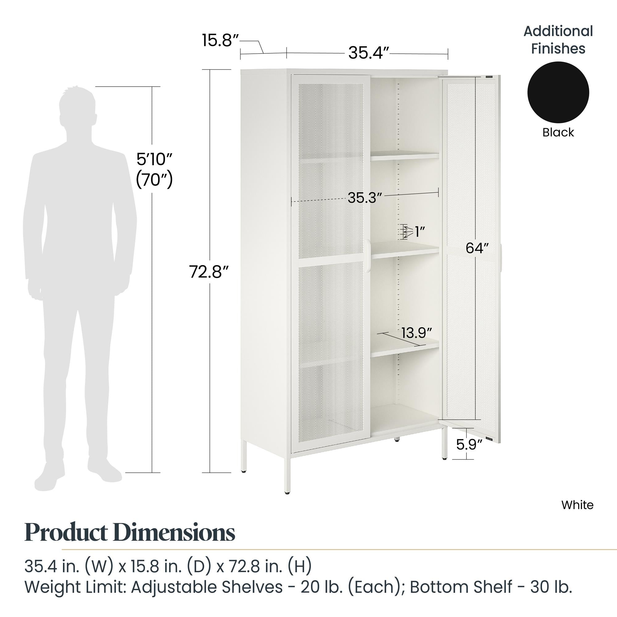 2 Door Tall Metal Locker Style Storage Cabinet with Mesh Metal Doors, Soft White V254