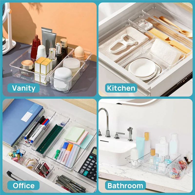 15PCS Clear Plastic Drawer Organizer Set Storage Bins E206