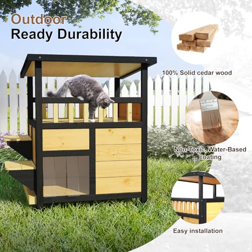 Outdoor Cat House Weatherproof Two Story Feral Cat Shelter with Escape Door Wood Dog Condo for Small Medium Pets Pull-Out Bottom Scratching Mat Included Black and Earthy Yellow F892775