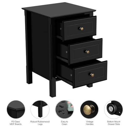 Black Bedside Table Set of 2 with 3 Drawer and Solid Wood Legs K8189