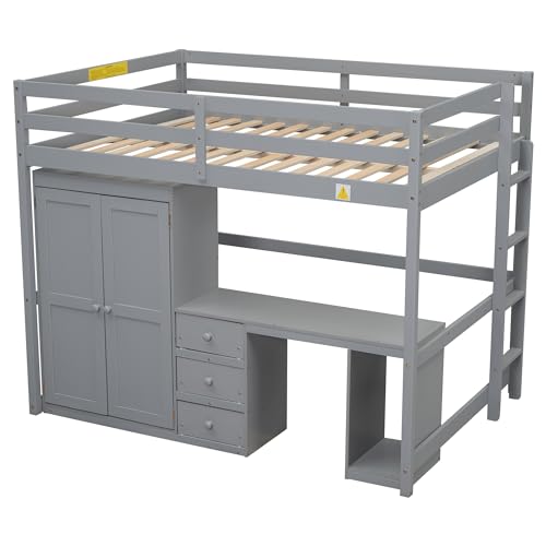 Gray Solid Pine Wood Loft Bed with Wardrobe Desk Storage Drawers V935690