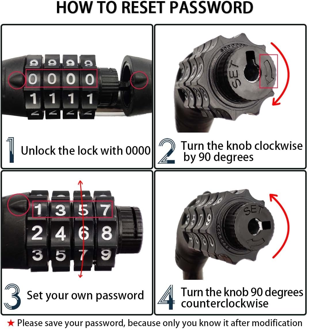 4 Digit 3 Feet Long Resettable Cable Bike Lock P531