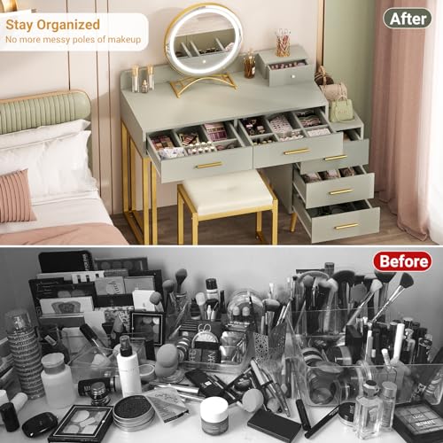 White Vanity Desk with Mirror and Lights, 6 Drawers, Cushioned Stool H69628