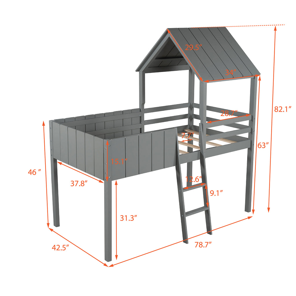 Gray Twin Size Wood Loft Bed with Roof Guardrail Ladder J9558