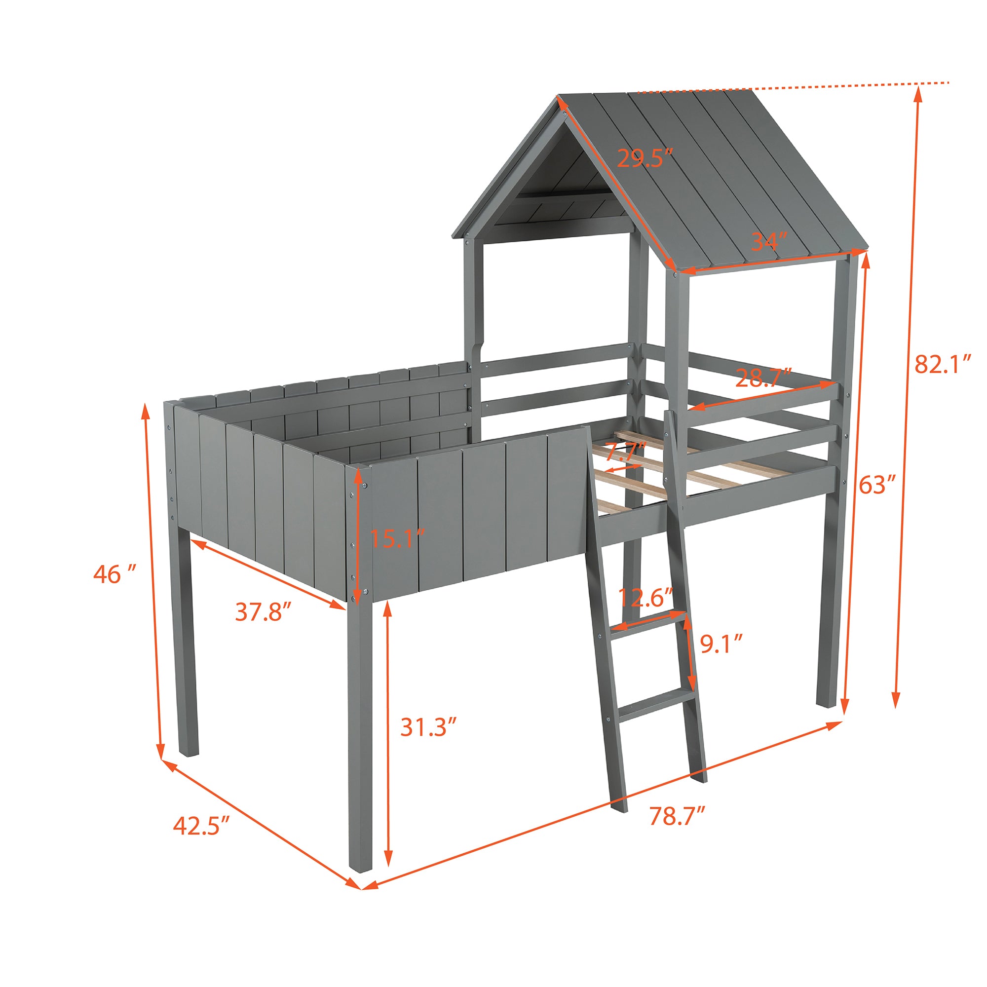 Gray Twin Size Wood Loft Bed with Roof Guardrail Ladder J9558