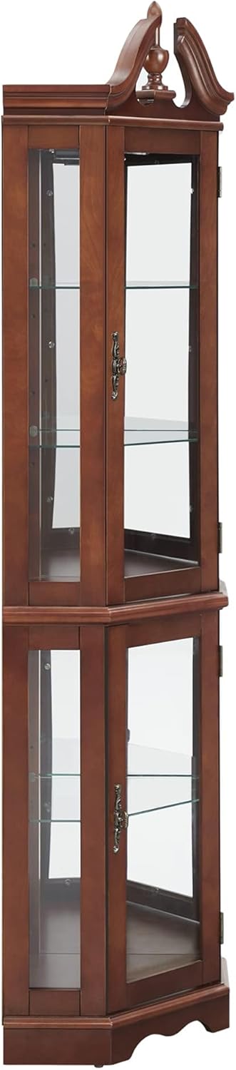 Lighted Curio Cabinet with Curved Top Finial, Wooden Corner Display Cabinet with Adjustable Tempered Glass Shelves O11745
