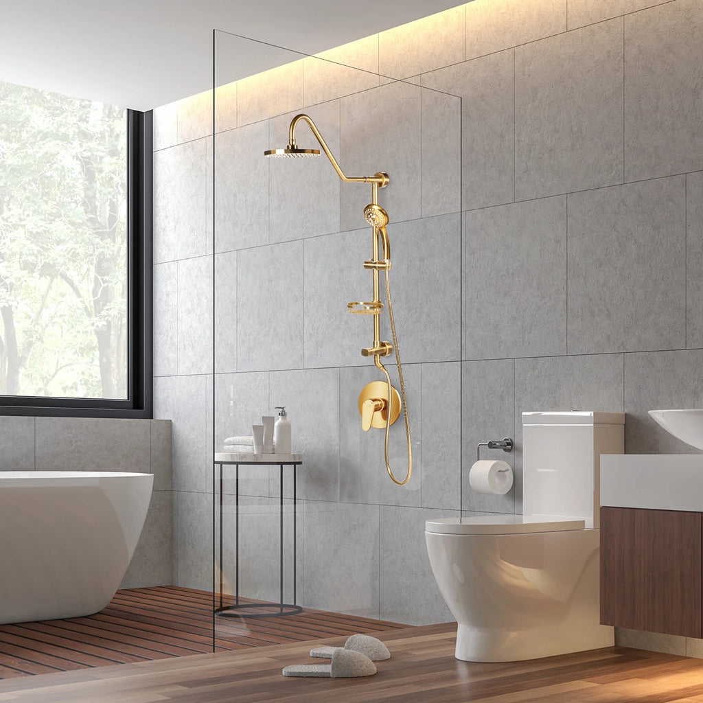 Brushed Gold 8" Rain Showerhead 5-Function Hand Shower Shower System C812735