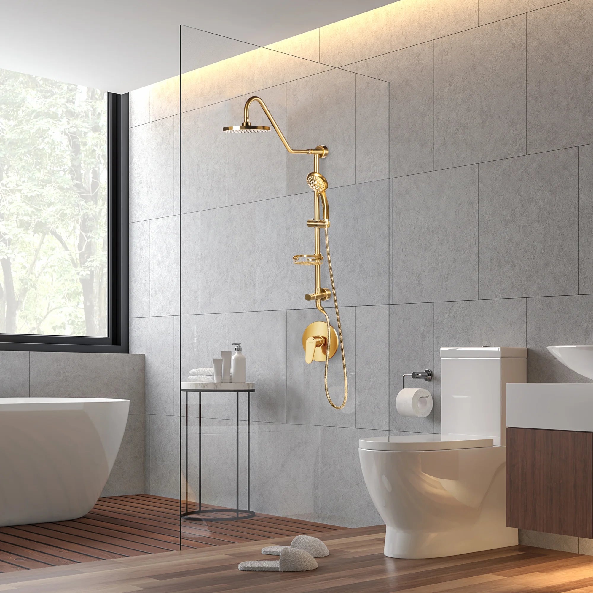 Brushed Gold 8" Rain Showerhead 5-Function Hand Shower Shower System C812735