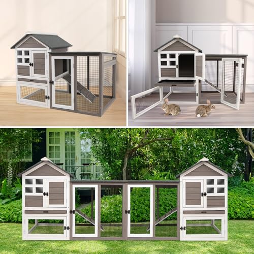 Grey 2-Story Fir Wood Rabbit Hutch with Pull Out Tray G6878
