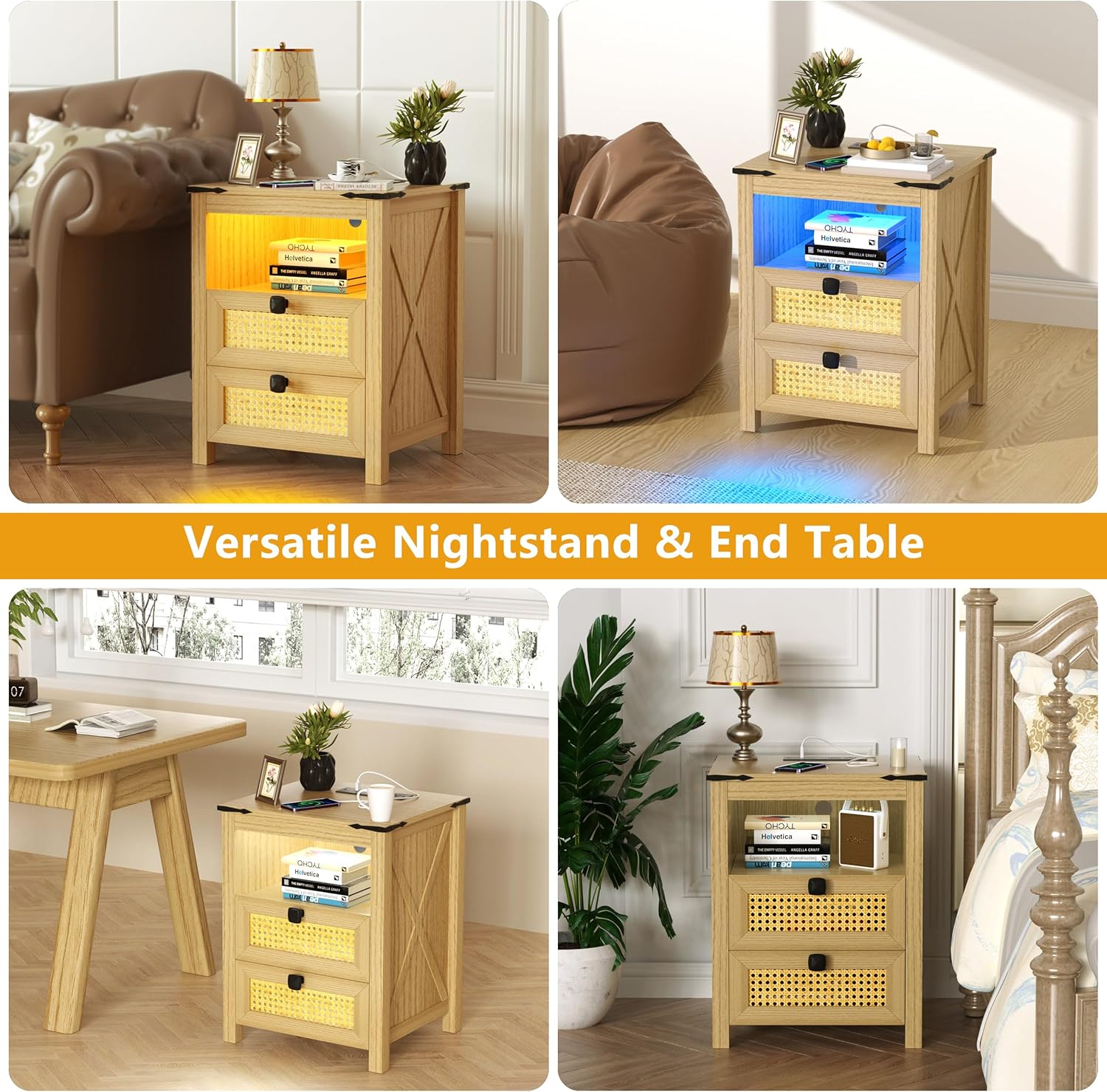Natural Wood Nightstand Set of 2 with Charging Station H48598