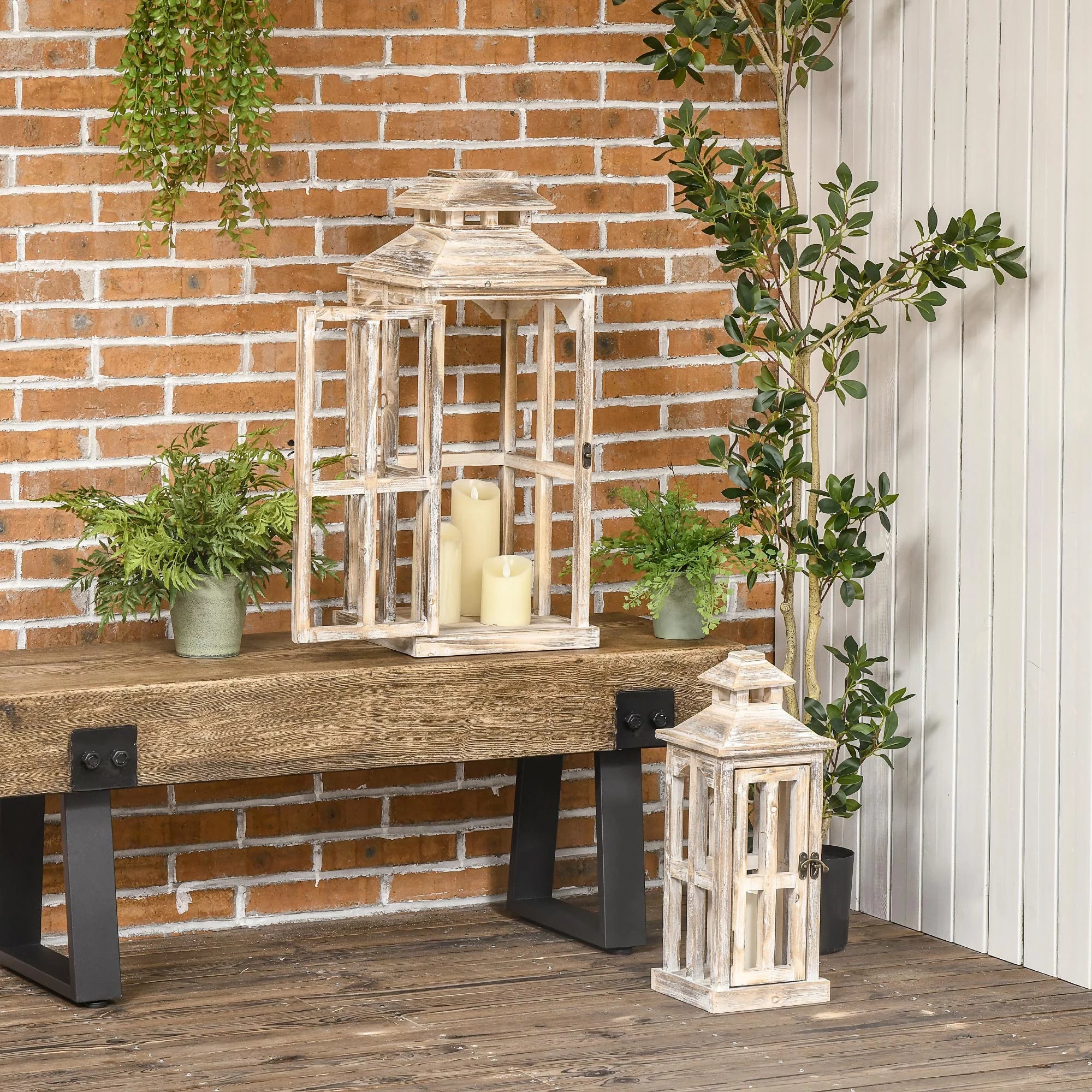 2 Pack Large Rustic Wooden Lantern Decorative, Natural B475309