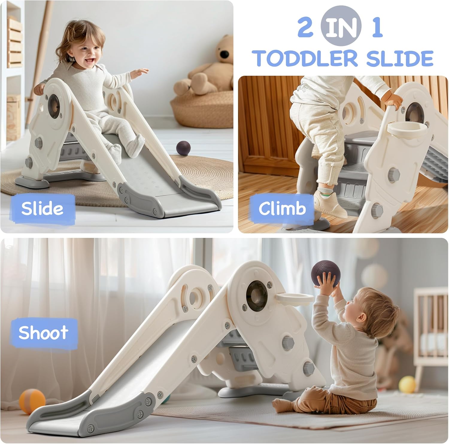 Toddler Slide Set, 2 in 1 Kids Slide with Climber and Basketball Hoop Y715966