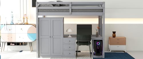 White Full Size Loft Bed with Wardrobe, Desk and Storage Drawers D4389