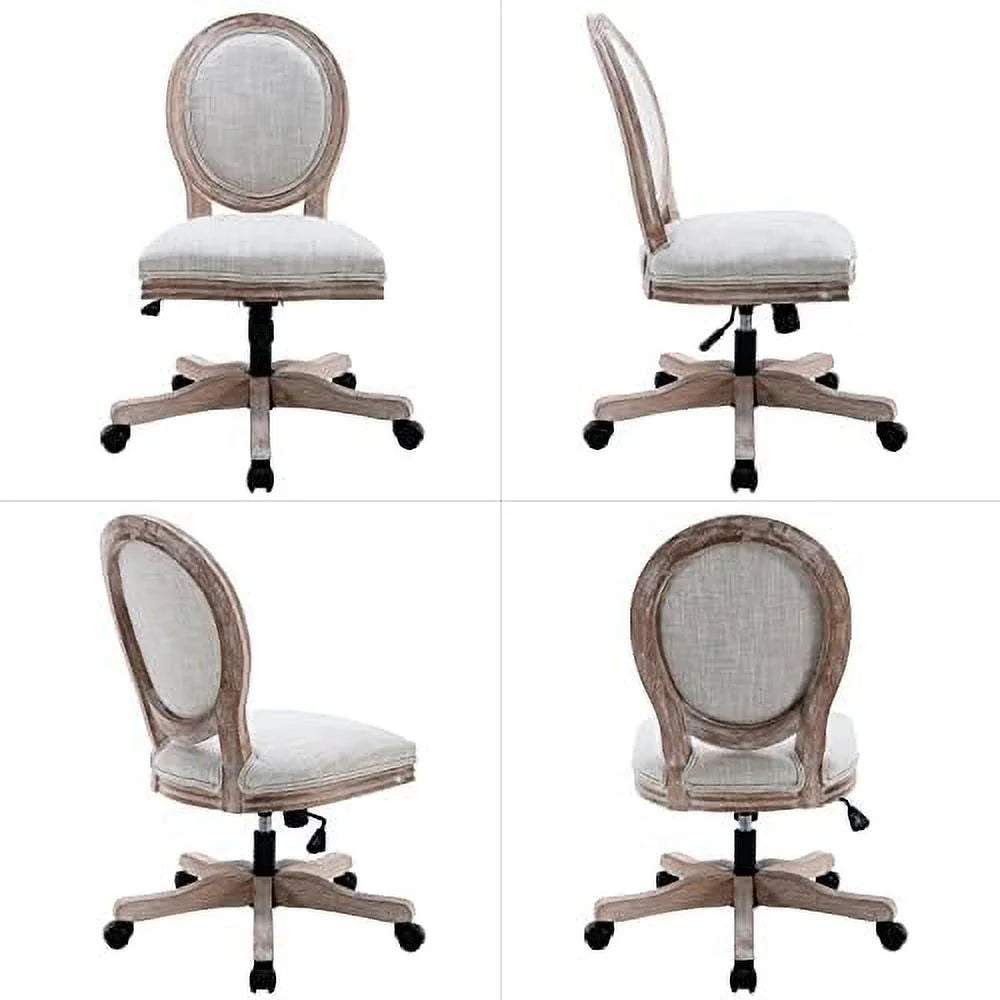 Beige Rattan Back Linen Swivel Task Chair with Wheels H8715