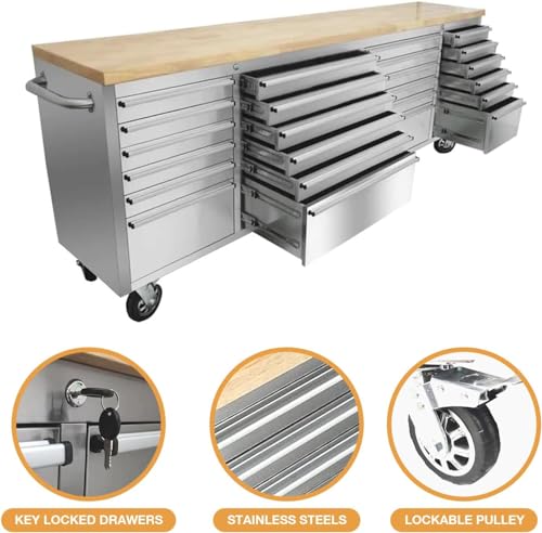 72 inch Mobile 15 Drawers Rolling Tool Chest with Wheels Lock Key Locking System Drawer Liners Stainless Steel N7971