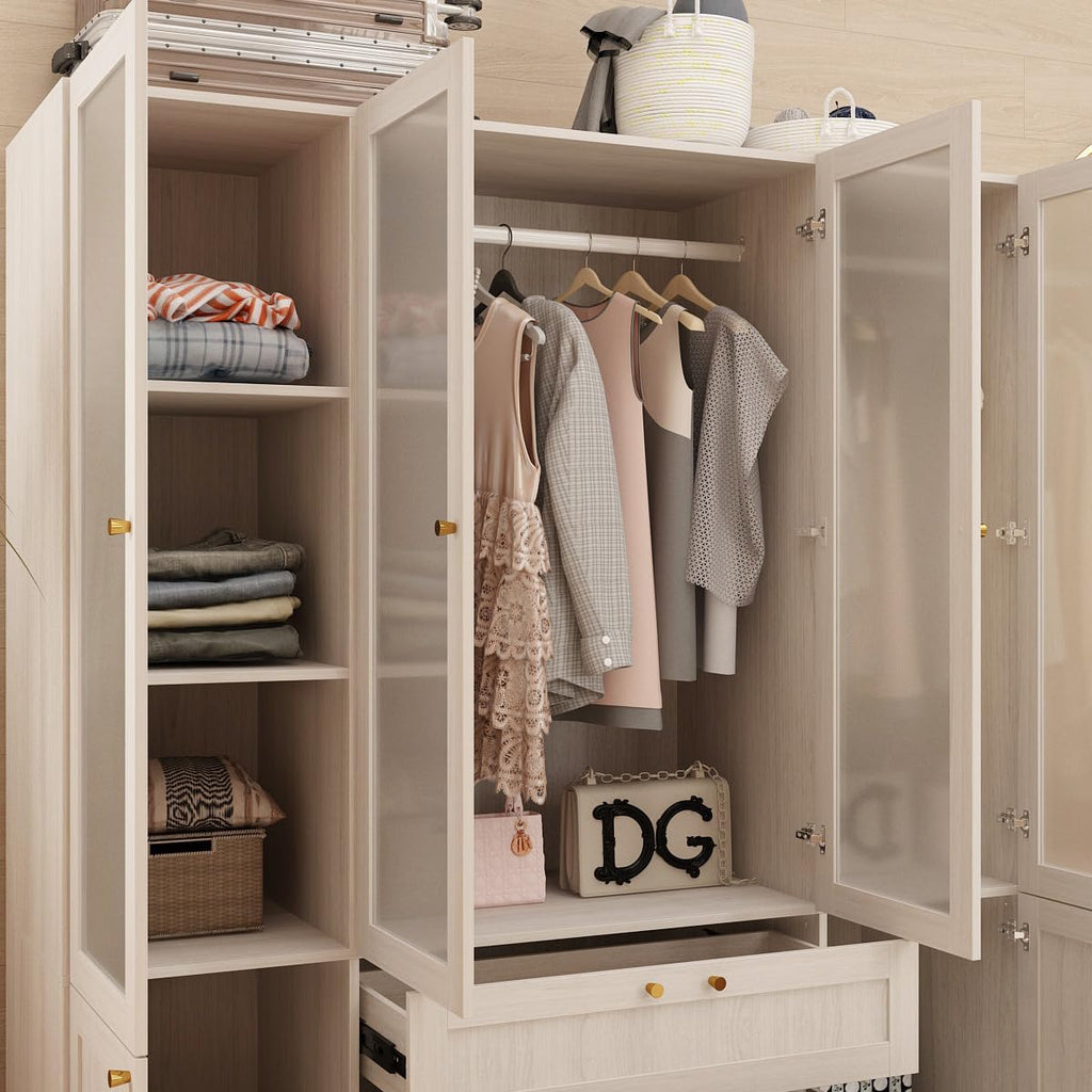Warm Grey Wooden Armoire Wardrobe Closet with 4 Frosted Glass Doors N7689