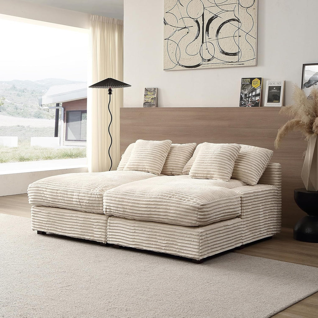Oversized Corduroy Upholstered Chaise Lounge Sofa with Throw Pillow E505697