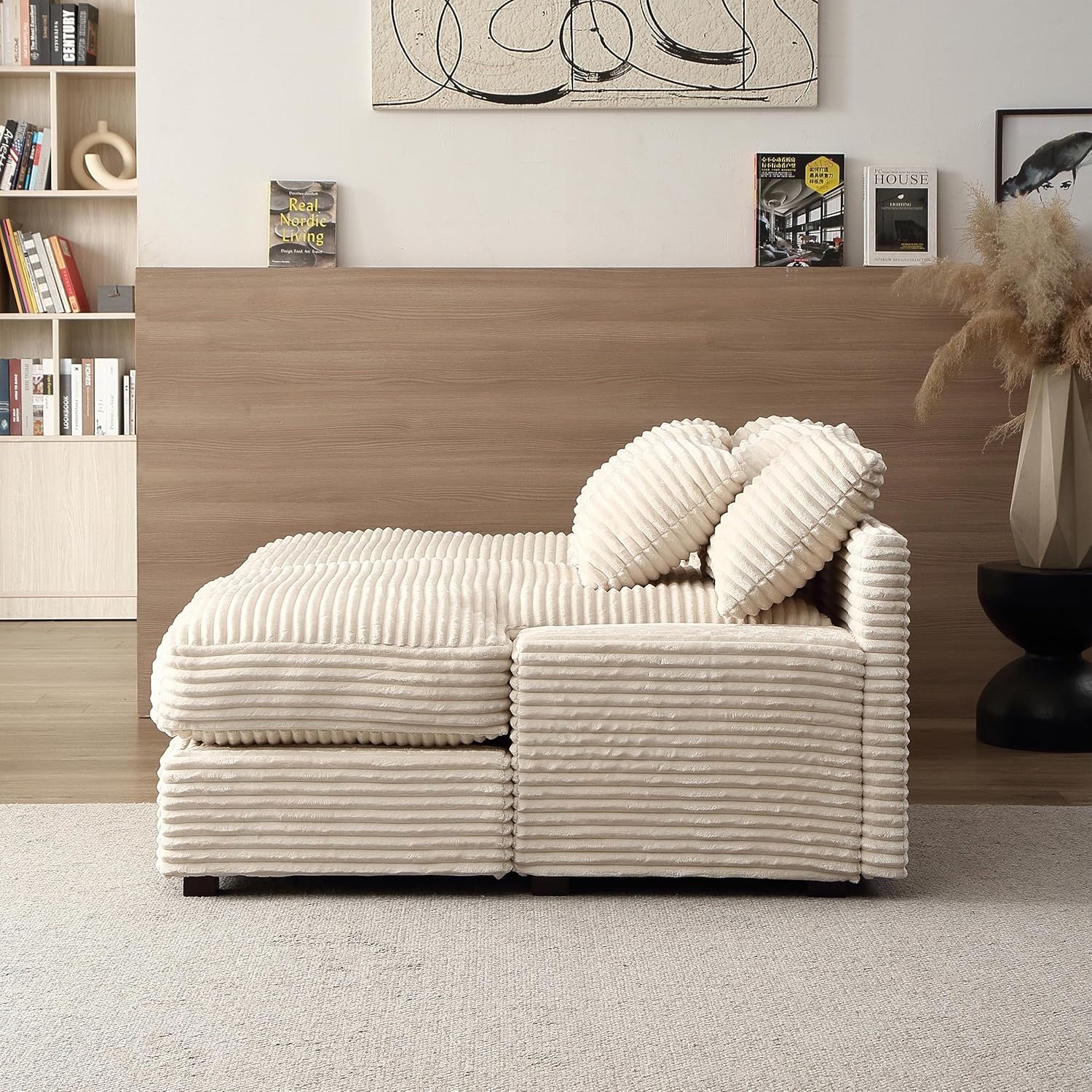 Oversized Corduroy Upholstered Chaise Lounge Sofa with Throw Pillow E505697