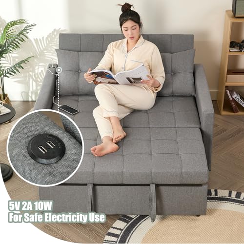 Light Gray Linen Sleeper Sofa with Pull-Out Bed V8935