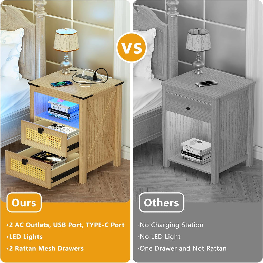 Natural Wood Nightstand Set of 2 with Charging Station H48598
