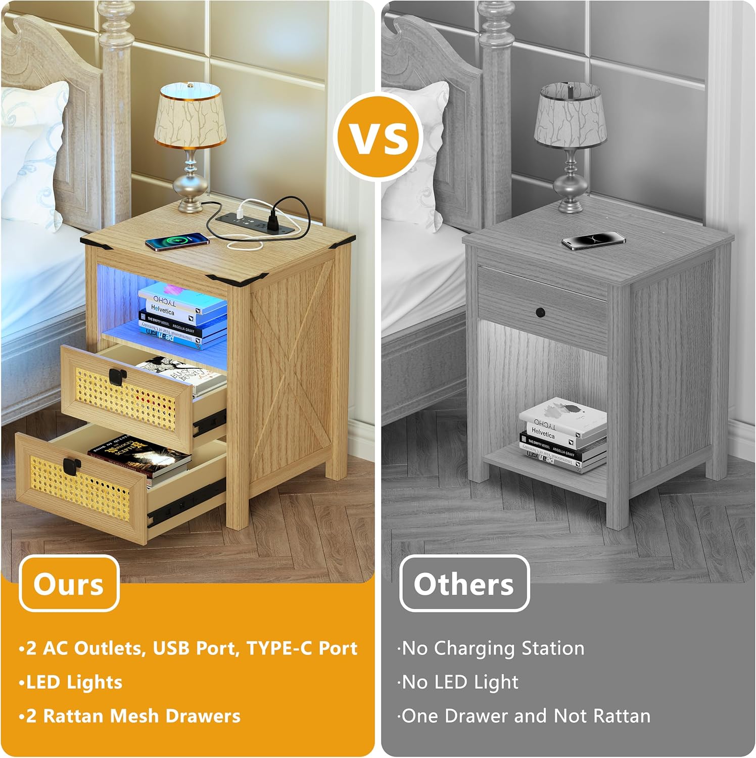 Natural Wood Nightstand Set of 2 with Charging Station H48598