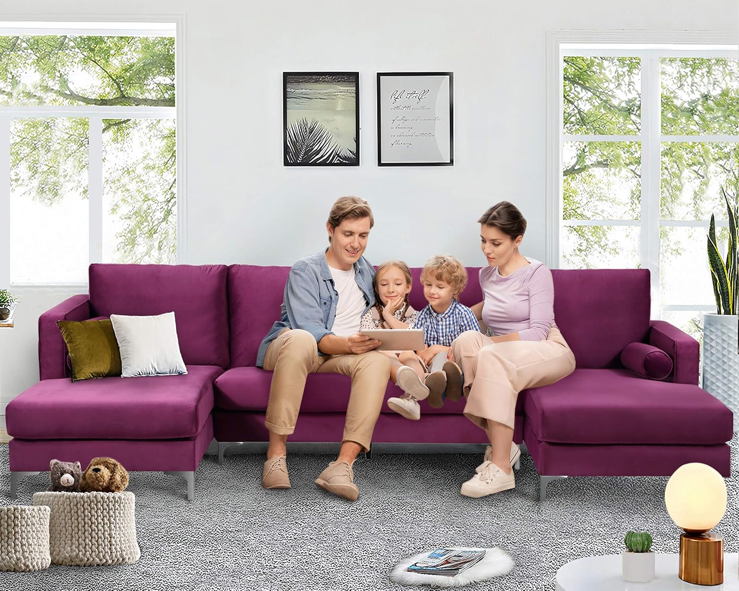 Purple Velvet Sectional Sofa Set with 2 Pillows V4845