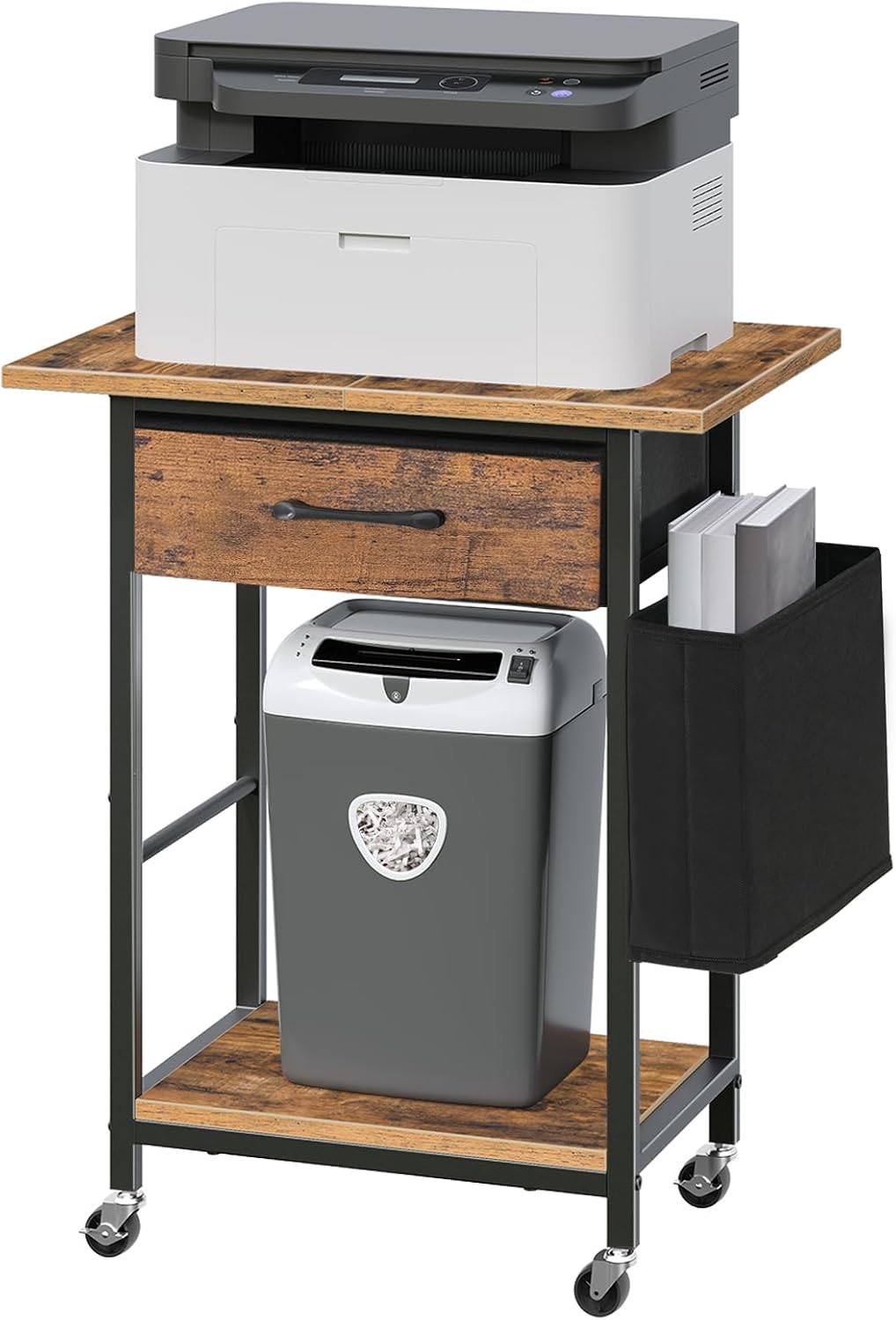 Rustic Brown Rolling Printer Cart with Storage Drawer C741