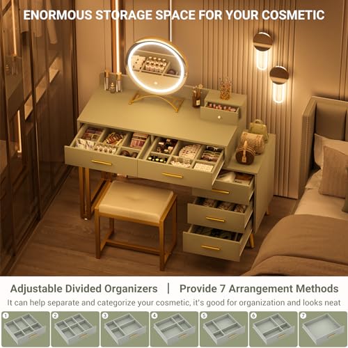 White Vanity Desk with Mirror and Lights, 6 Drawers, Cushioned Stool H69628