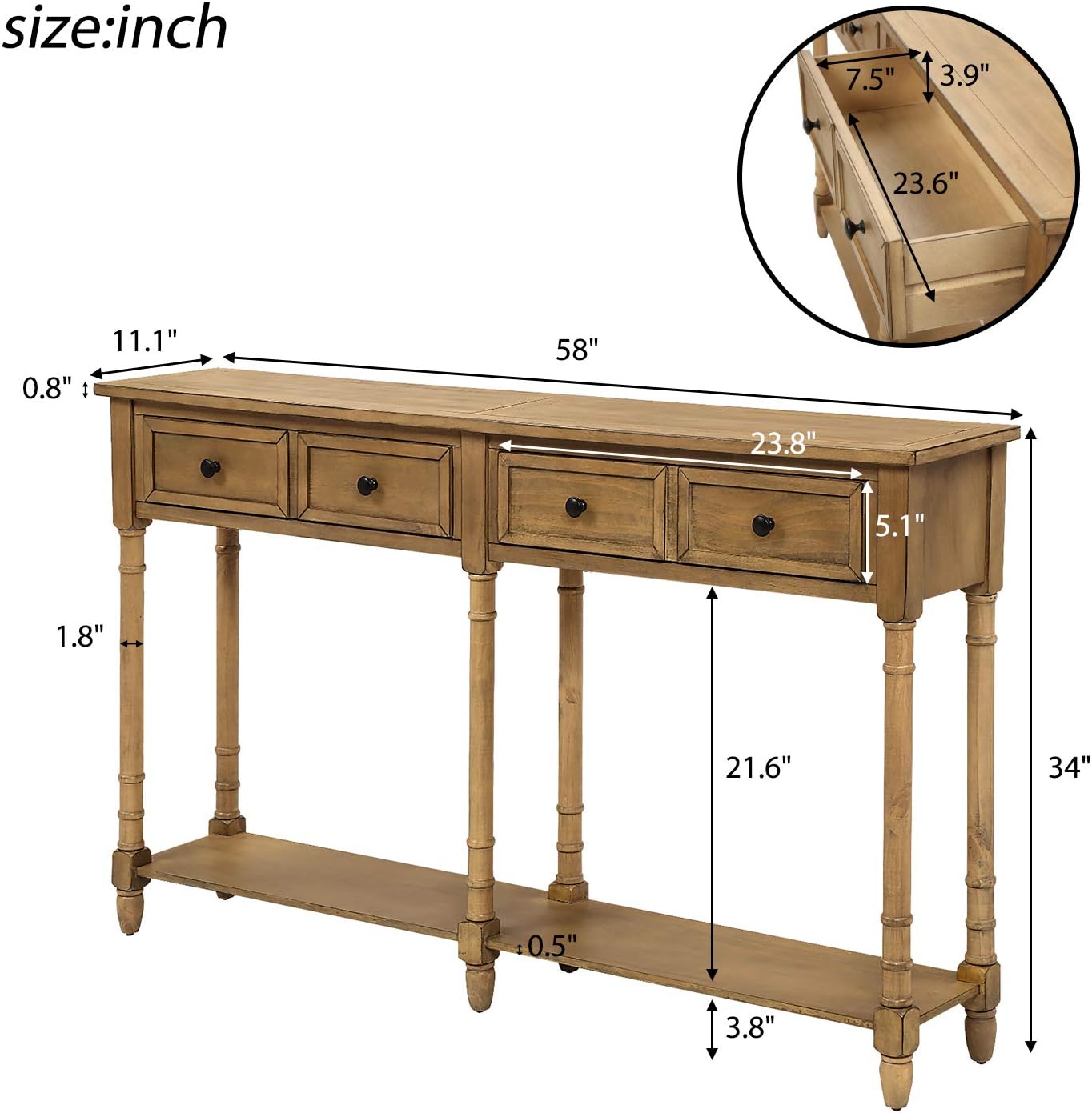 Old Pine Solid Wood Console Sofa with Two Storage Drawers and Bottom Shelf V549