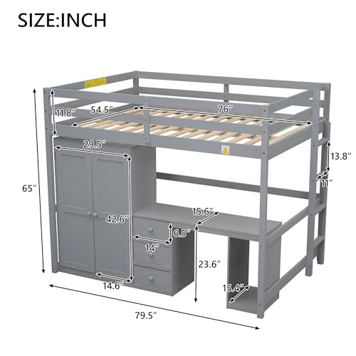Gray Solid Pine Wood Loft Bed with Wardrobe Desk Storage Drawers V935690