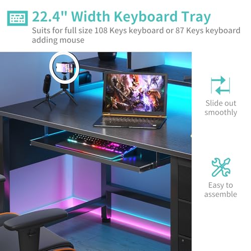 Rustic Brown Computer Desk with File Drawers Cabinet, Keyboard Tray, LED Lights and Power Outlets, Monitor Stand X53160