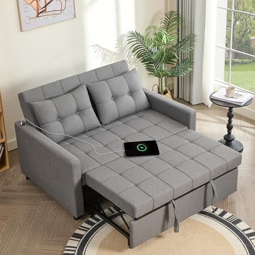 Light Gray Linen Sleeper Sofa with Pull-Out Bed V8935