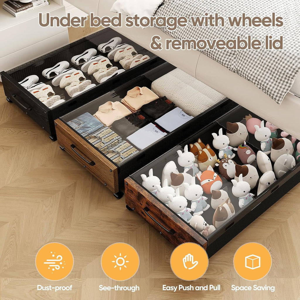 Black Wood 2 Pack Under Bed Storage with Wheels and Removable Lid J340300