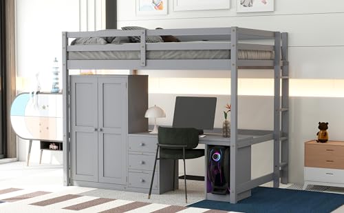 White Full Size Loft Bed with Wardrobe, Desk and Storage Drawers D4389
