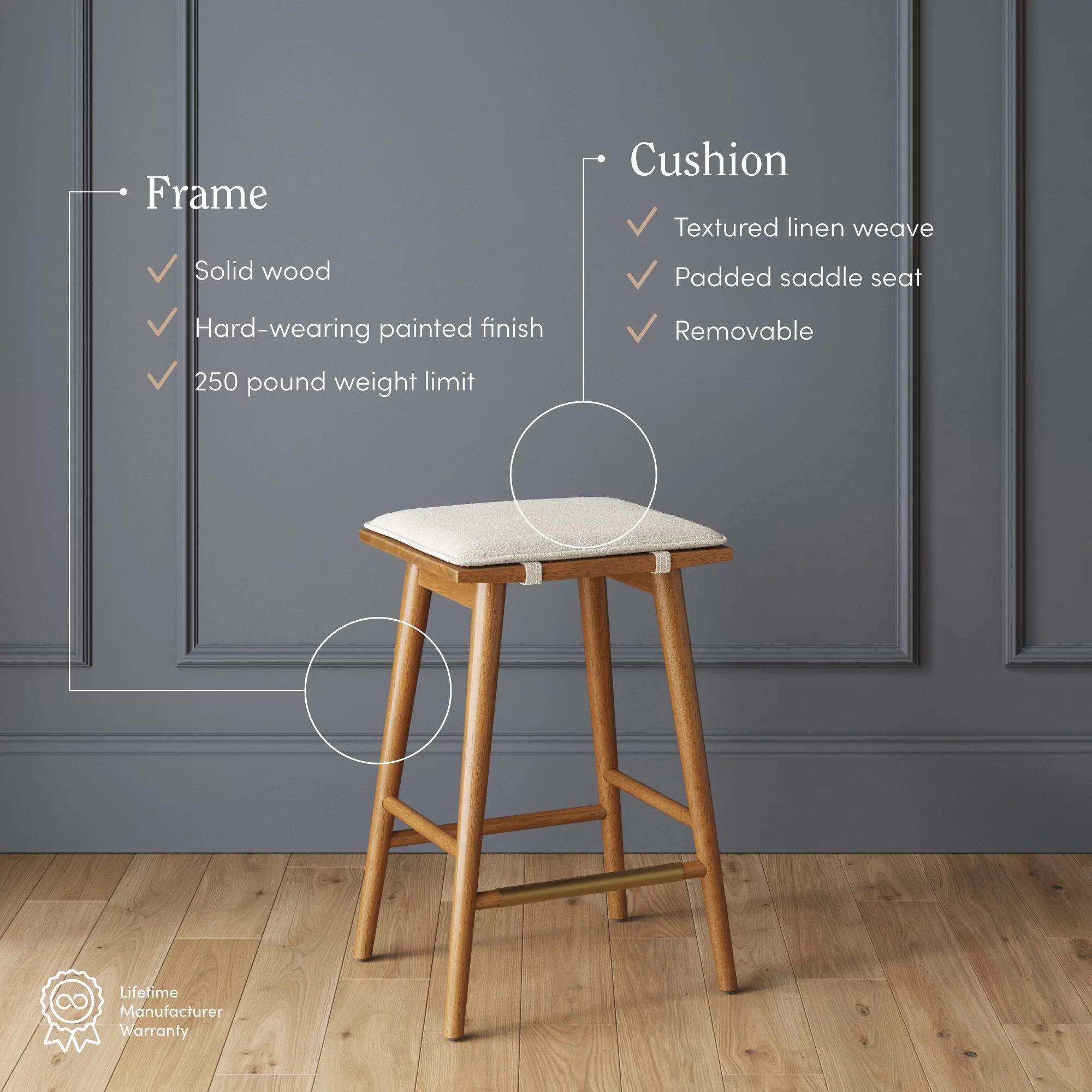 Solid Wood Barstool with Upholstered Cushion W9148