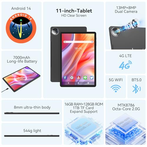 11 inch Android 14 Tablet, 128GB ROM 16GB RAM, 4G LTE, Octa-Core, 21MP Dual Camera, 1TB Expand, FHD Screen, 7000mAh B995901