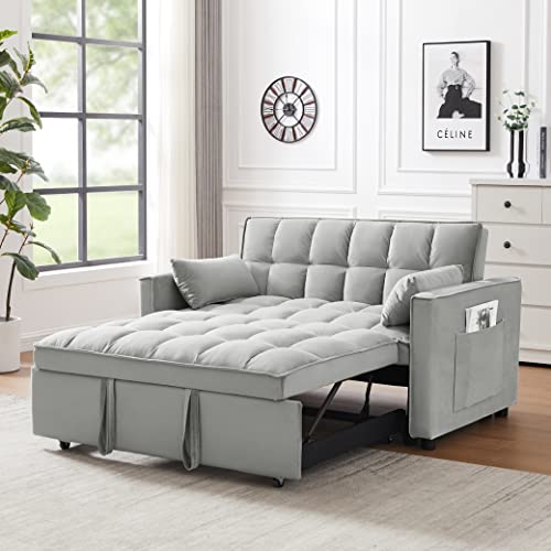 Grey Velvet 3 in 1 Convertible Sleeper Sofa with Pullout Bed H74465