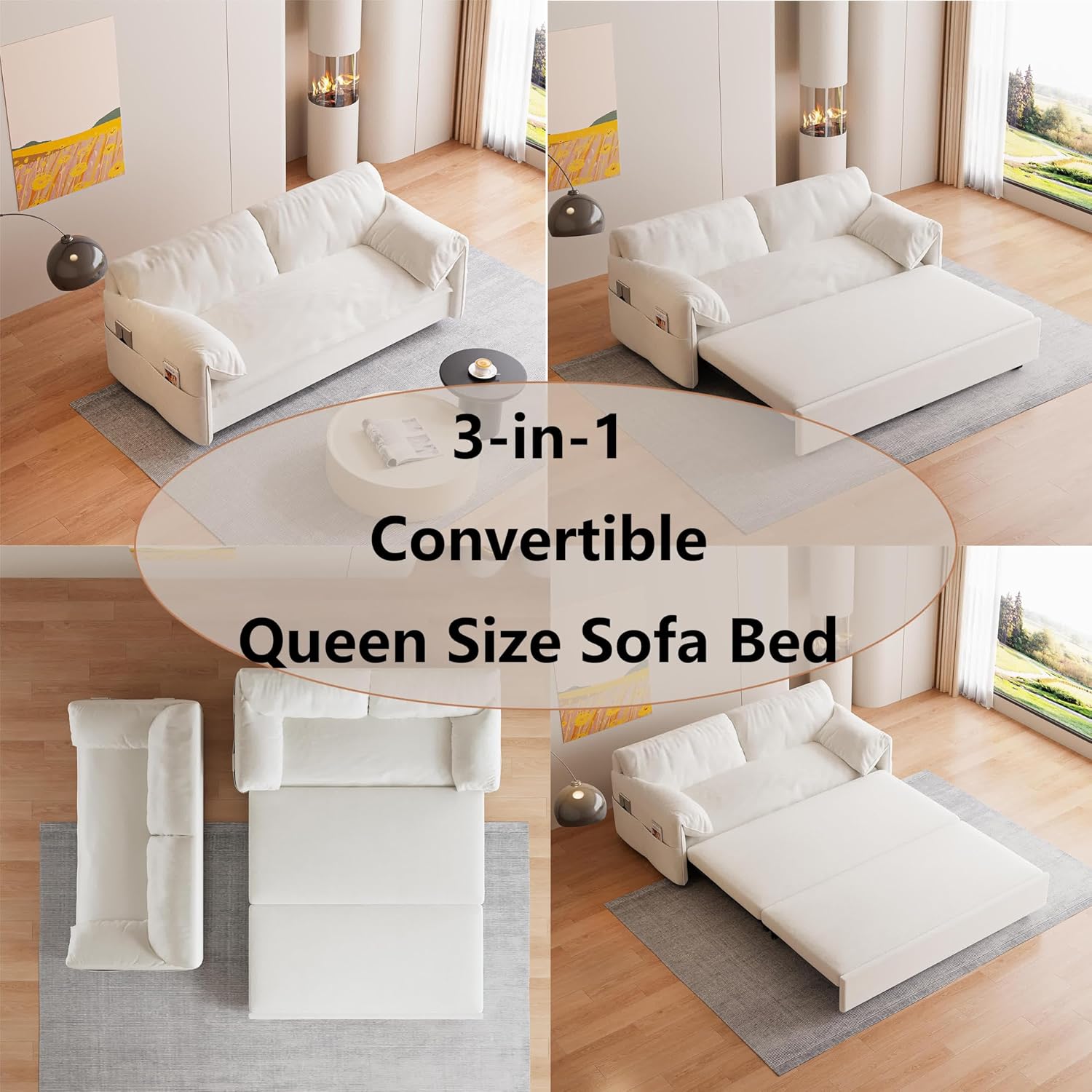 Beige Velvet Queen Size Futon Sofa Bed M8905