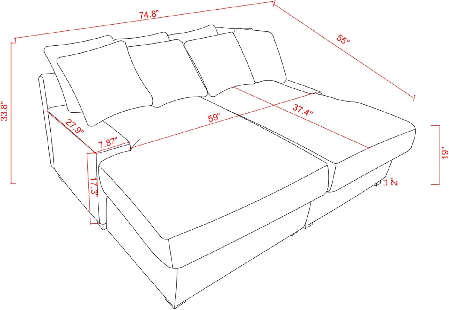 Oversized Corduroy Upholstered Chaise Lounge Sofa with Throw Pillow E505697