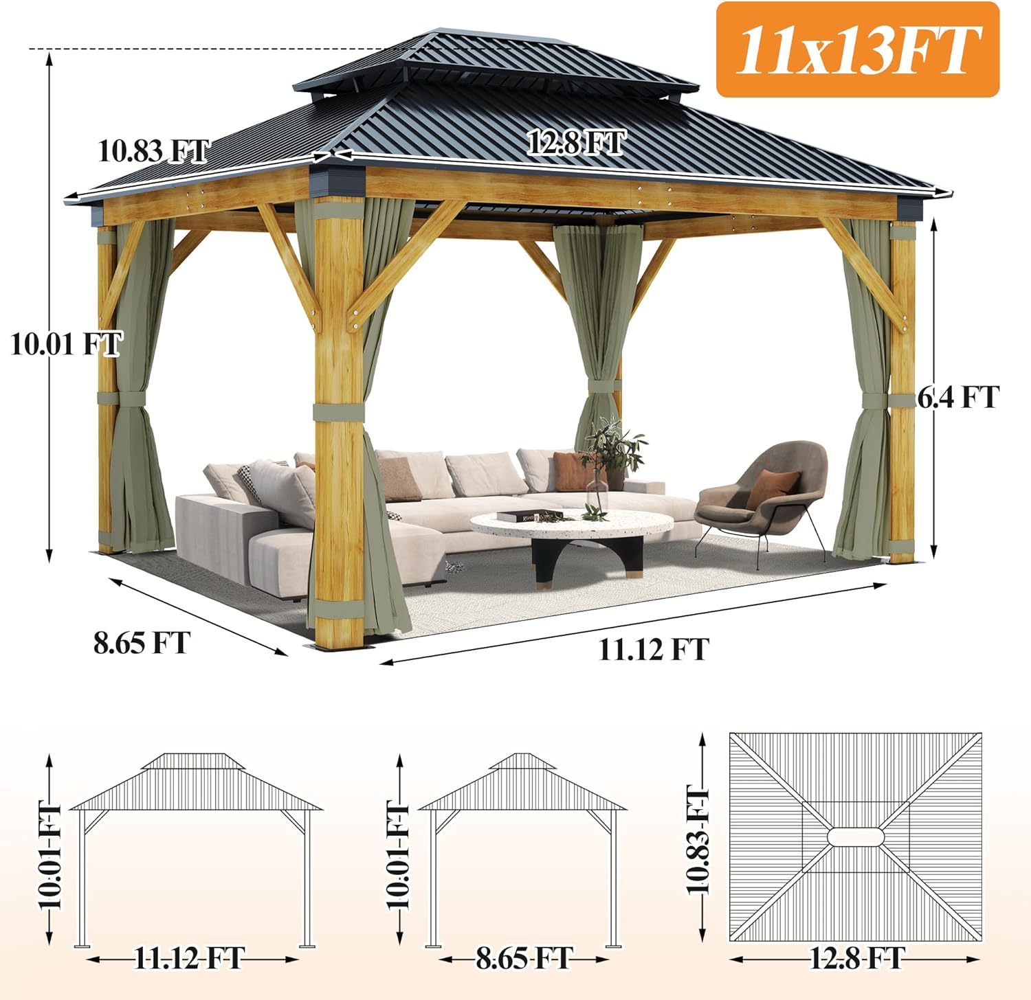Olive Green Galvanized Steel Roof Wooden Gazebo B9588